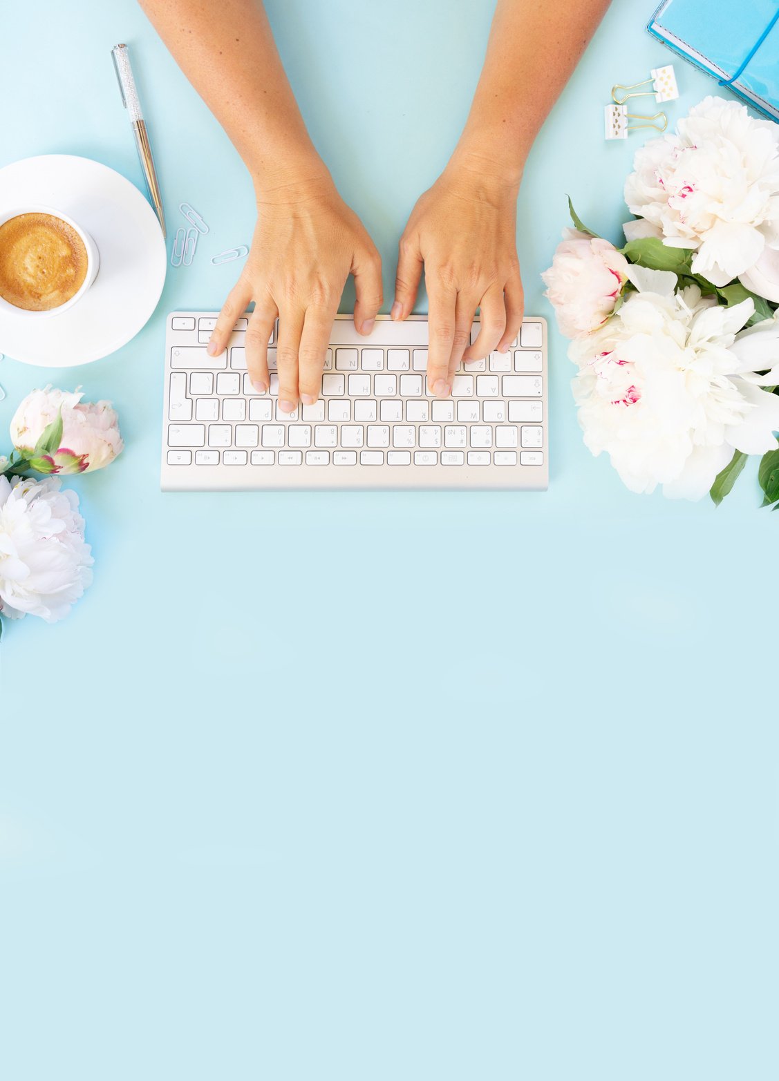 Flat Lay Home Office Workspace on Blue